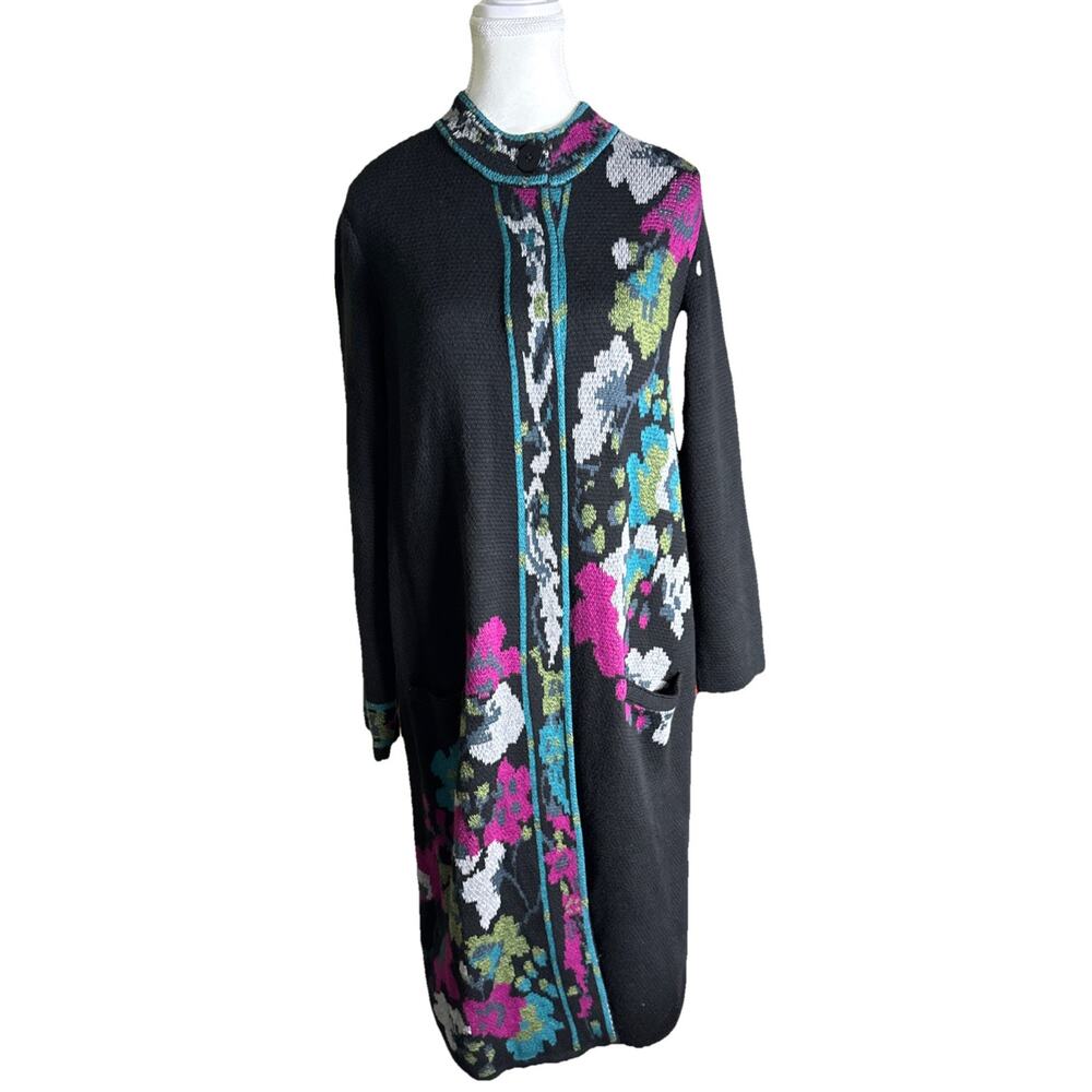 J Jill Black Multi Trailing Flowers Jacquard Topper Floral Sweater Duster NWT M